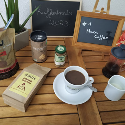 Bekanntester Kaffeetrend 2023 ist der Maca Coffee. Mit unseren Single origin Kaffees haben Sie die beste Vorraussetzung für leckere Kaffee Cocktails.
