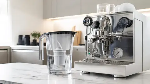 Ein Wasserfilter neben einer Kaffeemaschine zur Reduzierung von Kalk