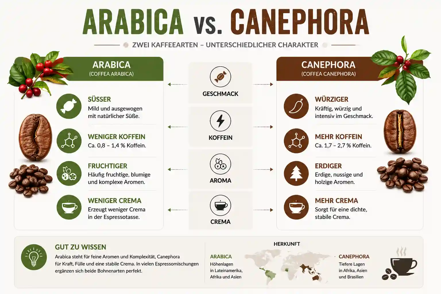 Vergleich zwischen Arabica und Canephora Kaffeebohnen für Espresso