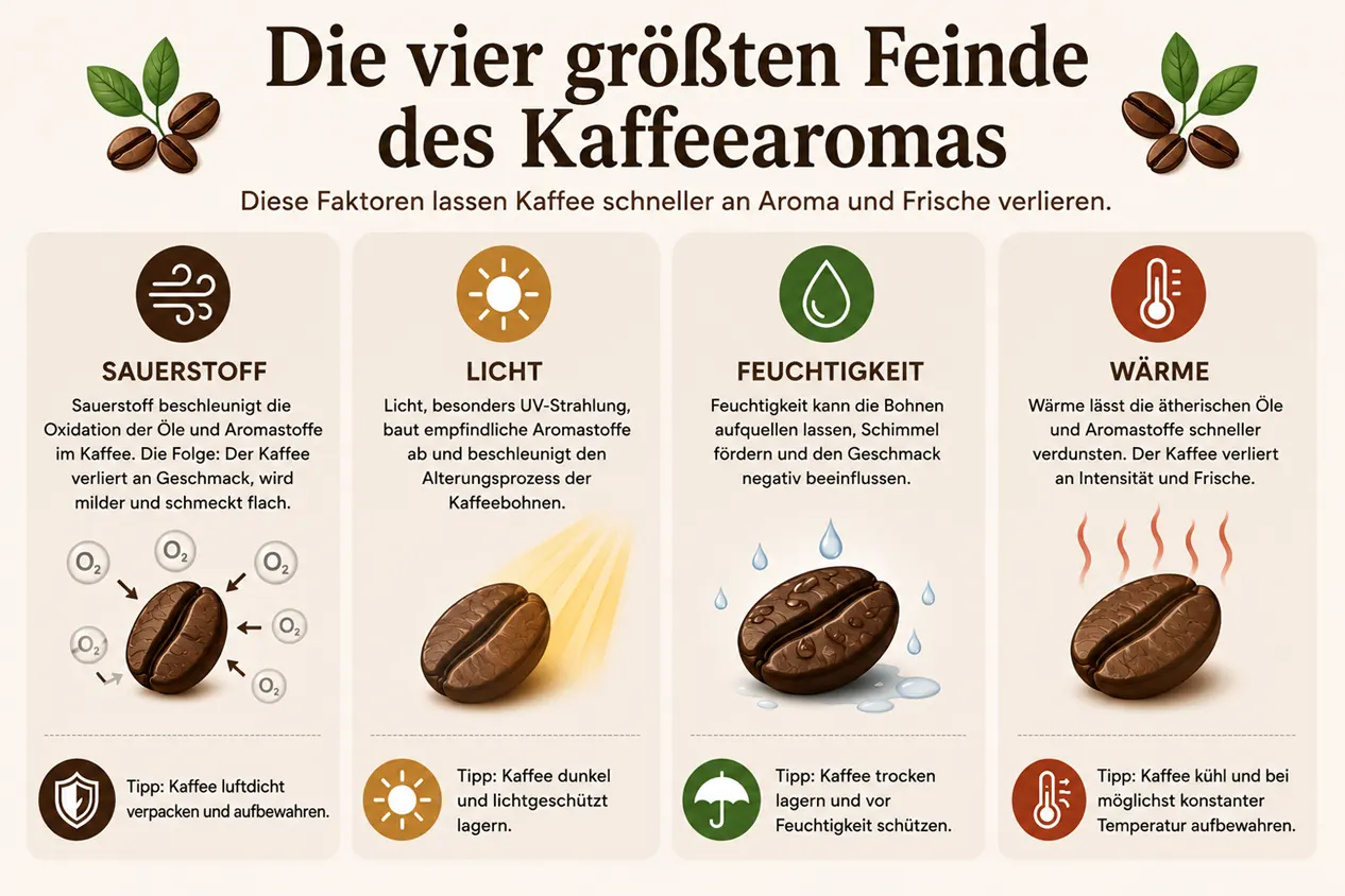 Die vier größten Feinde des Kaffees: Sauerstoff, Licht, Wärme und Feuchtigkeit